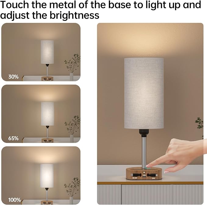 Bedside Lamp with Charging Station 74W【2 * 3.94ft Retractable Cords & 2 USB Ports】, 3 Way Dimmable Touch Lamps for Nightstand with LED Bulb, Small Desk Lamp, Set of 2, Brown Wood Grain