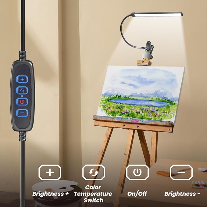 Clip-On LED Easel Lamp for Artists, 3 Color Modes, 10-Level Dimmable, 300lm Eye-Care Easel Lights for Painting, Drawing with Flexible Arm, USB-Powered(No Battery)