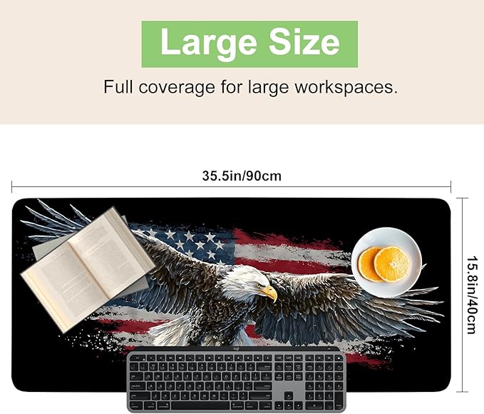 Desk Mat, XXL Extended Gaming Pad for Desktop, 35x16 Inches Patriotic Bald Eagle US Flag Design, Large Non-Slip Vegan Leather Surface with Stitched Edges, Keyboard Mouse Mat for Home Office