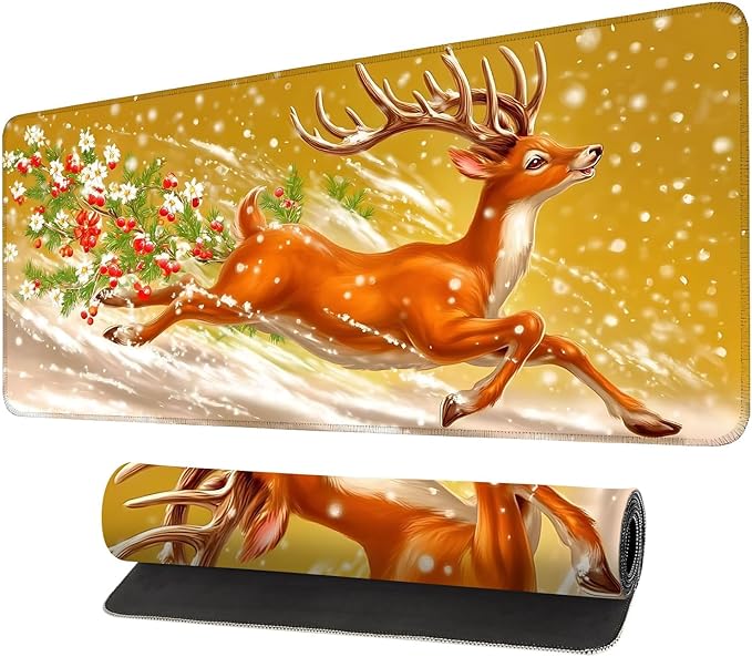 Desk Mat, XXL Extended Gaming Pad for Desktop, 35x16 Inches Reindeer Running in Snow, Large Non-Slip Vegan Leather Surface with Stitched Edges, Keyboard Mouse Mat for Home Office