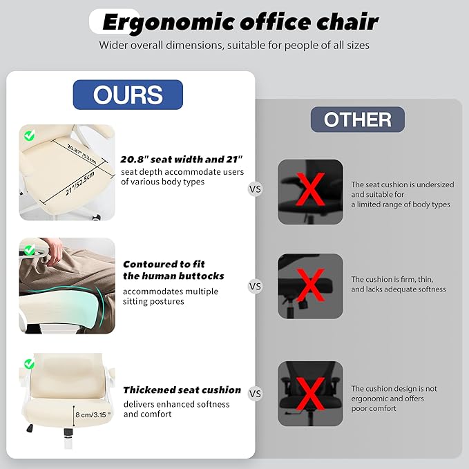 Fizzin Ergonomic Office Chair, 400 LBS Computer Chairs with Adjustable Lumbar Support, Breathable Mesh Desk Chair Ergonomic with Thickened Cushion, Comfy Home Office Desk Chair (Buff Beige)