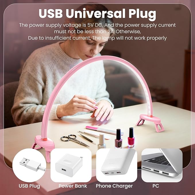 Yokilly Arc Half Moon Light: 20" Half Moon Light with Foldable Bracket for Desk Salon Table Use - No Flicker & Shadow-Free Desk Lamp with Stepless Brightness 3000-6500K for Manicurist Nail Tech