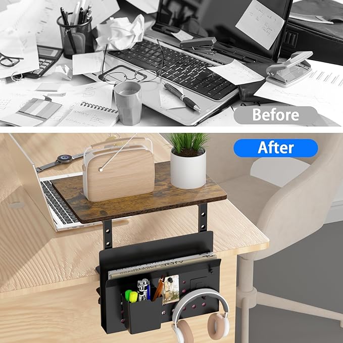 Desk Extender, Clamp On Desk Shelf Organizer, with Side Storage Steel Frame & 15 inch Wood Desktop Supplies Rack Clamp Mount Table Hanging Storage for Home Office Fits Flat Edge Tables 0.3" to 2.3"