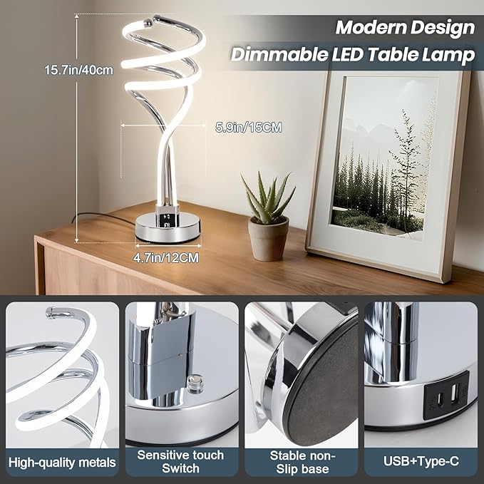 ElDISUNY Modern LED Table Lamp, 3 Color Temperatures,Touch Control CurveDimmable Bedside Table Lamps with USB Ports, Touch Control LED NightstandLamp, Desk Lamp for Living Room, Bedroom -Silver