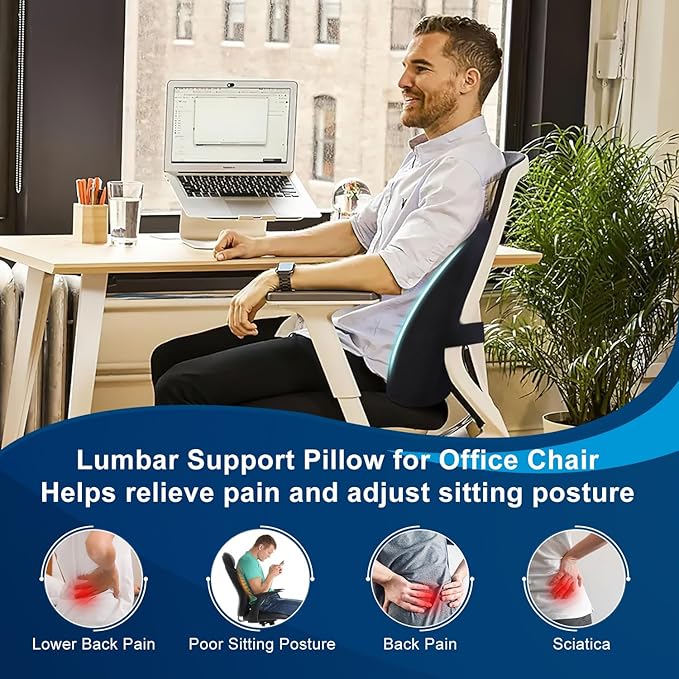 QUTOOL Lumbar Support Pillow for Office Chair, Memory Foam Low Back Cushion, Ergonomic Back Support for Desk Chair, Gaming Chair, Adjustable Strap and Washable Cover
