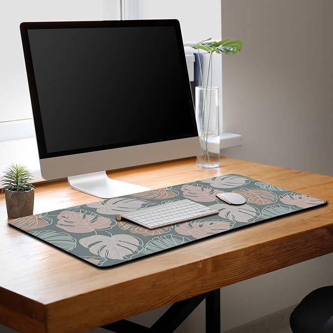 Large Desk Mat Green, Gaming Mouse Pads Office Desk Pad, Keyboard Desk Mat Non-Slip Rubber Base Waterproof with Stitched Edges, 35.4 X 15.7 inch for Work/Game/Office/Home Tropical Monstera