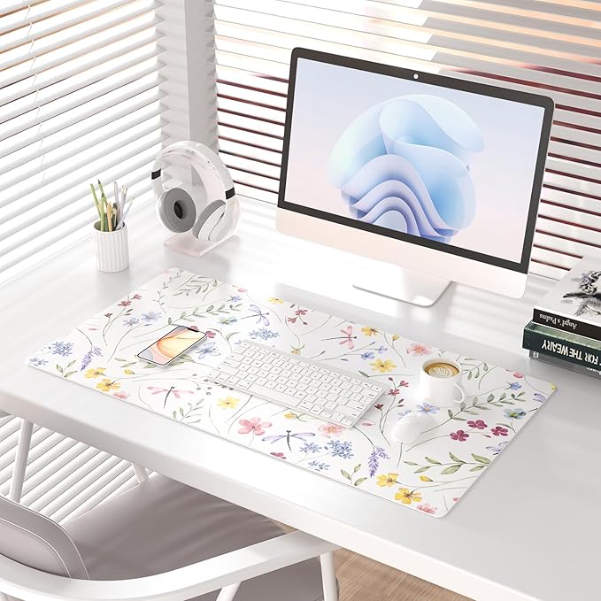 Colorful Star Large Mouse Pad, Floral Waterproof Office Desk Mat, Non-Slip Computer Gaming Mouse Pad, XXL PC Laptop Protector Pads, PU Leather Desk Writing Pads for Office Home, 31.5" x 15.7"
