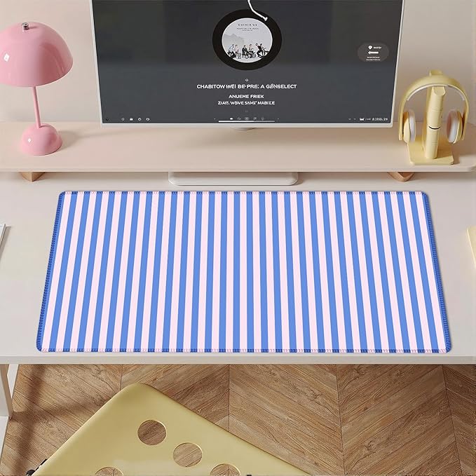 Blue Pink Striped Desk Mat Cute Pastel XXL Large Gaming Mouse Pad Desk Pad Kawaii Aesthetic Home Office Decor Cozy Keyboard Laptop Computer Mat