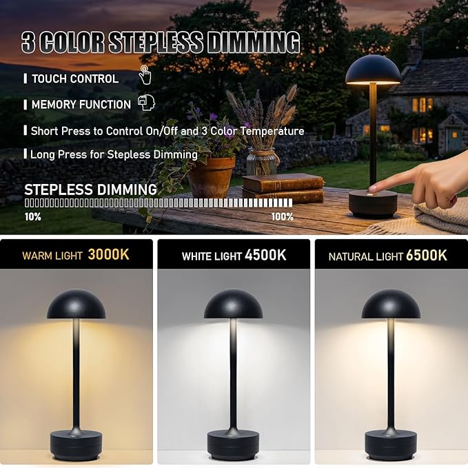 2 Pack Rechargeable Table Lamp Cordless - LED Table Lights Outdoor - 5000mAh Battery Operated Dimmable Touch Portable Lamps for Patio Restaurant Dining Room