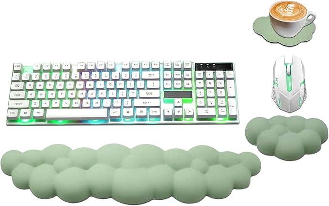Cloud Wrist Rest Keyboard, PU Leather Memory Foam Wrist Rest for Computer Keyboard, Ergonomic Keyboard Wrist Rest and Cute Mouse Wrist Rest for Gaming,Office,Computer,Typing,Pastel Green