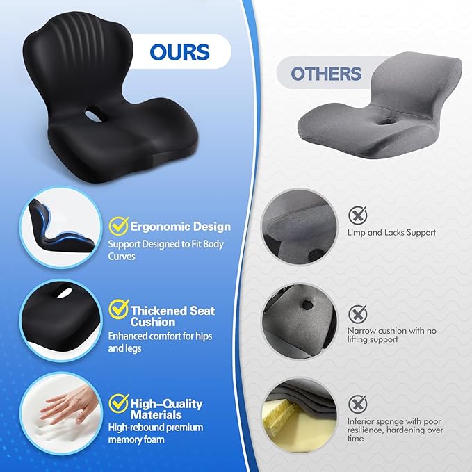 Office Chair Cushion for Tailbone & Back Support, Strong Lumbar Support Ergonomic Cushions, Comfortable Memory Foam Cushion for Pressure Relief, Suitable for Office Chairs, Home Chairs, Car