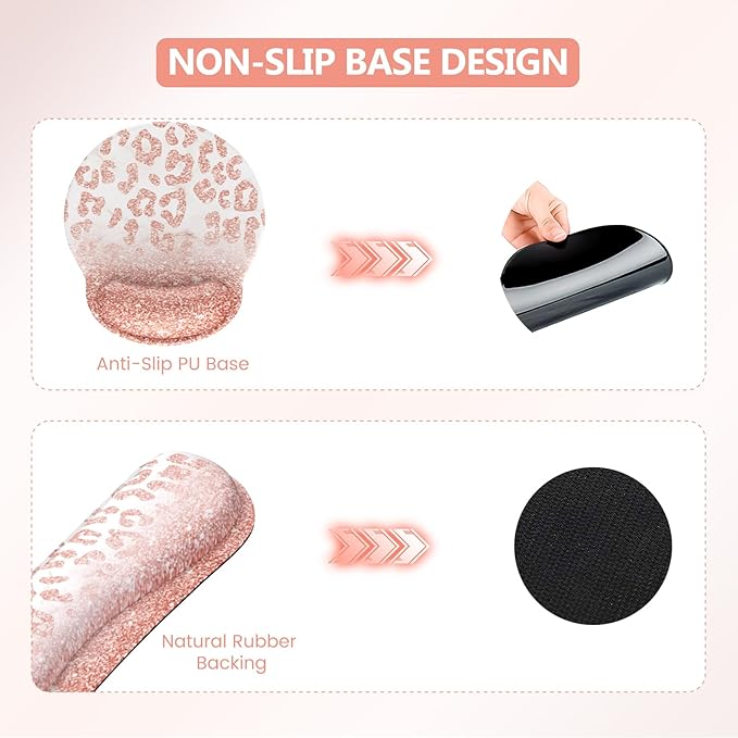 iLeadon Mouse Pad Set, Desk Mat + Mouse Pad with Wrist Rest + Keyboard Wrist Rest + Coaster, 4in1 Glitter Leopard Mouse and Keyboard Pad Set for Home Office, Pink Rose Gold Leopard