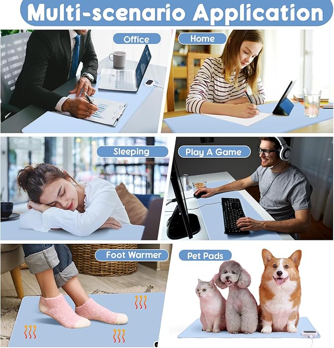 Konohan Heated Desk Pad Warm Mouse Pad, 5 Heating Level & 4 Hour Auto Shut-Off, PU Leather Warm Mouse Mat Heating Keyboard Gaming Mice Warmer Mat Only Supports 110v(Gray-Blue Color,31.5" X 13")