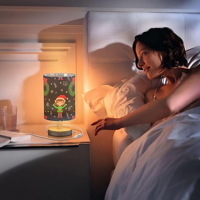 Elf Christmas LED Table Lamp, Bedside Lamp with Linen Lampshade, Flicker-Free Eye Care USB Plug in Nightstand Lamp, for Bedroom and Office