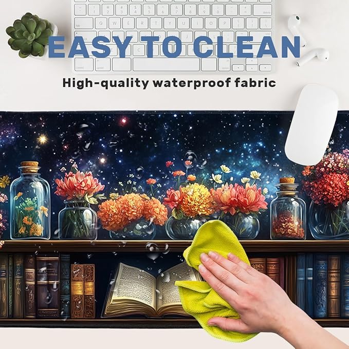 Starry Bookshelf Desk Mat Gaming Large Mouse Pad Blooming Book Flowers Night Mousepad Computer Keyboard Pad Mouse Mat Laptop Mat 31.5 x 11.8 Mouse Pads for Desk Home Office Gaming