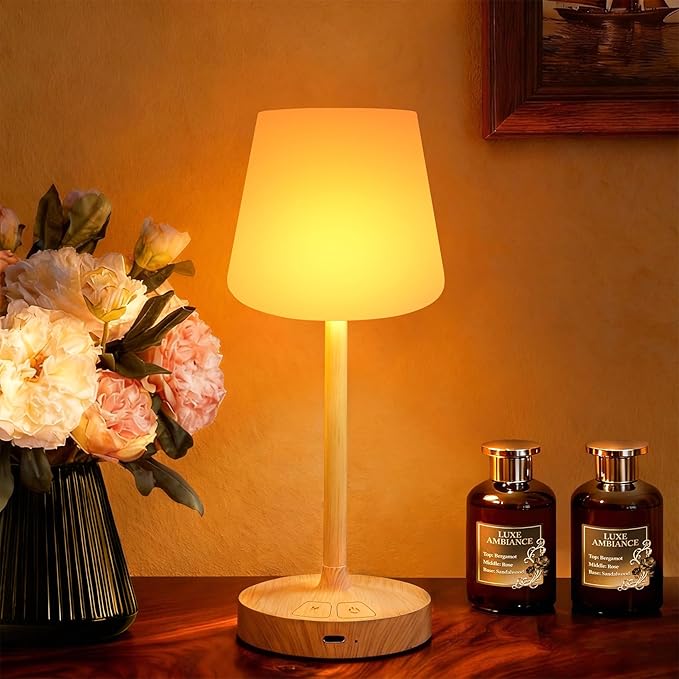 Small Shower Lamp Waterproof: Table Lamp with 4000mAH Battery - Rechargeable 3 Dimmable Cordless LED Lamp for Desk Bedroom Living Room Bathroom - Wood Grain Touch Light for Parents Kids