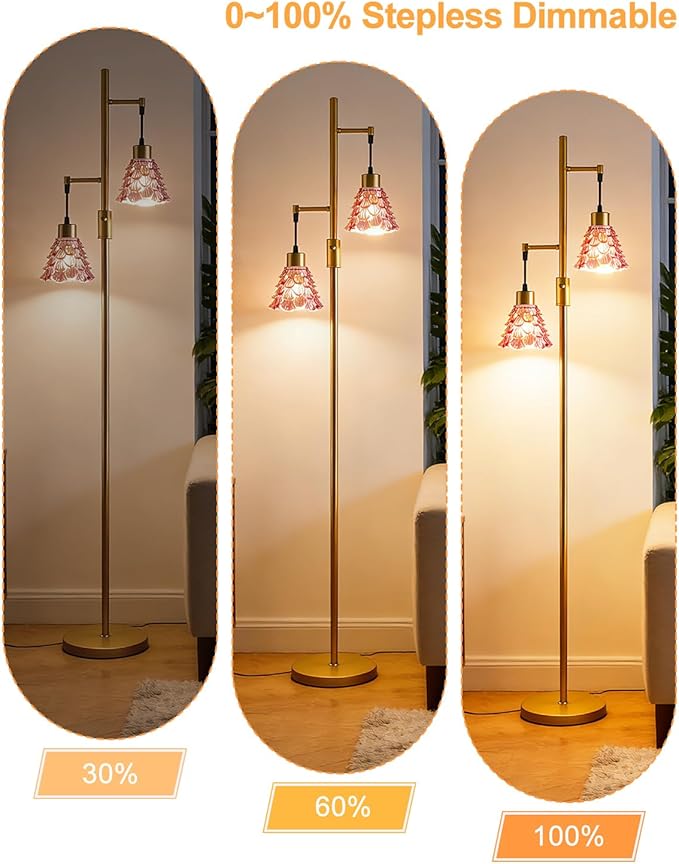 2-Light Glass Floor Lamp, Gold Tall Standing Lamps Dimmable with Rose Red Glass Lampshade, 3000K Warmwhite Mid Century Modern Floor Lamp for Living Room/Bedroom/Sofa Beside/Home Decor