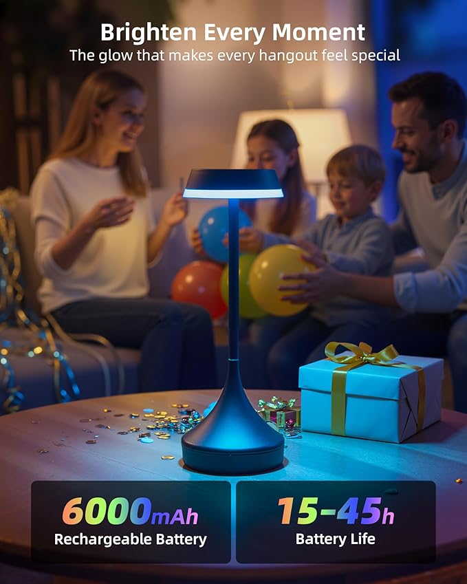 Cordless Lamp, 6000mAh, Outdoor Waterproof, Touch Control, Dimmable, 3 Color Temperature, RGB, LED Memory Function, Portable Battery Operated, Rechargeable Table Lamp Patio Dinning Restaurant Kitchen