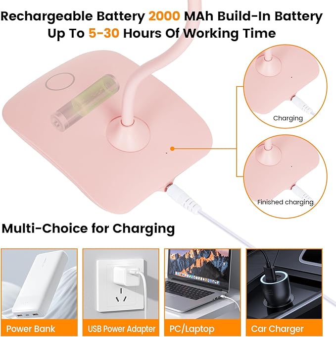 Battery Powered Desk Lamp, Portable Lamps Rechargeable 3 Color Modes Touch Control Stepless Dimming, Wireless Desk Lamp with 2000mAh, Small LED Table Light for Dorm Study Office Bedroom,Pink
