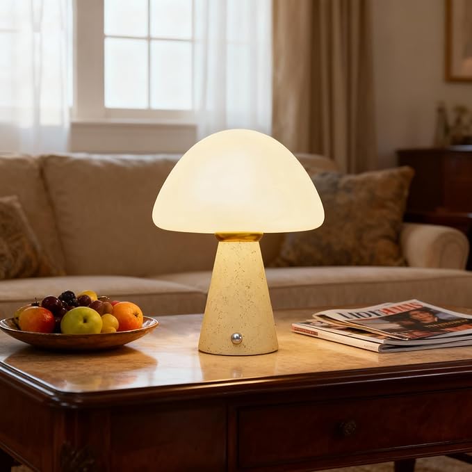 10.2 inch Mushroom Lamp, Cute Cordless Rechargeable Table Lamp with Glass Shade, 3 Color Temps LED Dimmable Ambient Lighting, Small Retro Touch Bedside Light for Decor, Resin Base.