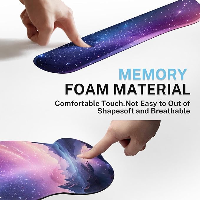 Arttown Dreamy Galaxy Desk Mat Mountains Nebula Mouse Pad Set 4 in 1 Night Sky Ergonomic Design Large Desk Pad + Keyboard Wrist Rest + Mouse Wrist Rest + Coaster Suitable for Home Office Study Game