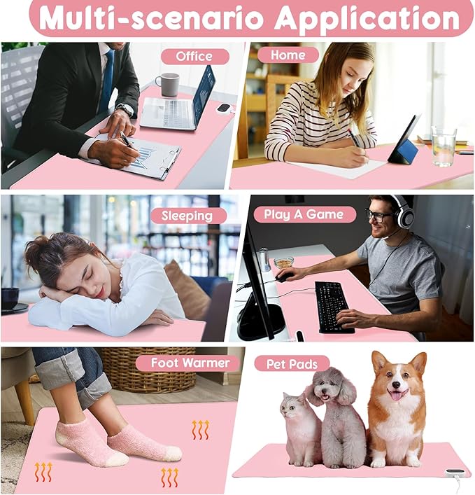 Konohan Heated Desk Pad Warm Mouse Pad, 5 Heating Level & 4 Hour Auto Shut-Off, PU Leather Warm Mouse Mat Heating Keyboard Gaming Mice Warmer Mat Only Supports 110v(Pink Color,35.4"x 14.2")