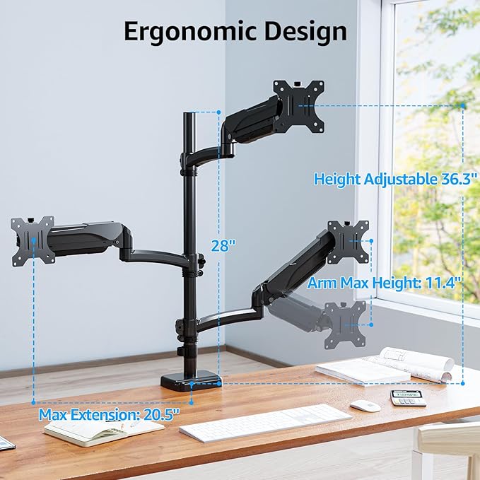 MOUNTUP Triple Monitor Mount Fits Max 32 Inch Screen, Holds 4.4-17.6lbs, 3 Monitors Desk Mount, Triple Monitor Stand for Desk, Adjutable Arm with Clamp/Grommet Base, VESA 75x75/100x100 MU6013A