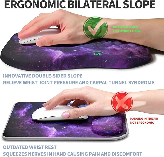 Ergonomic Raised Mouse Pad Wrist Support with Bilateral Slope Memory Foam Mousepad for Wrist Rest and Carpal Tunnel 11.8x7.9〃Galaxy