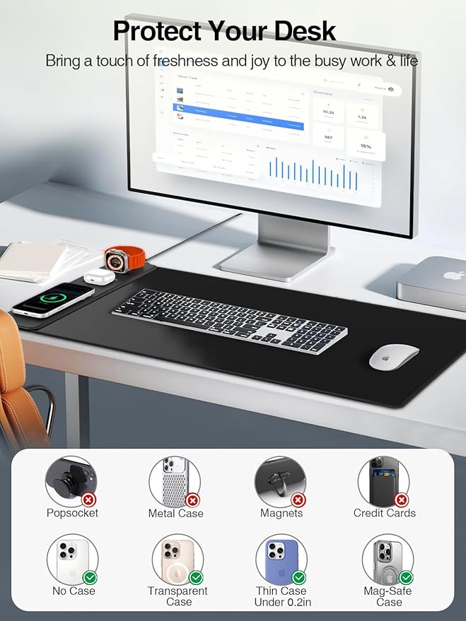 Mouse Pad with Magnetic Wireless Charging, Large Desk Mat, Non-Slip Mouse Mat, Keyboard Pad for Gaming, Desk, Office, PC (The Left Charging-Black)