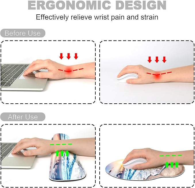 Ergonomic Mouse Pad with Wrist Rest and Keyboard Wrist Rest, Mousepad and Wrist Rest for Computer Keyboard, Non-Slip Rubber Base, Mouse Pad with Wrist Support for Gaming, Office, Beach