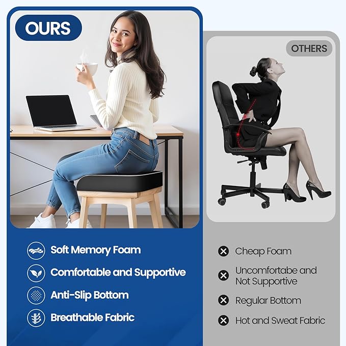 Seat Cushion for Tailbone Pain Relief, Office Chair Cushion, Memory Foam Large Chair Cushion with Non-Slip Cover for Soft Support at Office Chair, Car Seat, Airplane Black/2X-Large