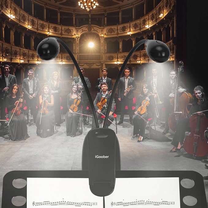 Music Stand Lights - 8 LED Book Light, Piano Light Clip On, USB & AAA Battery Powered, Eye Care & Portable, 2 Arm x 2 Brightness Levels, Ideal for Musician, Piano Player, Orchestra, Travel