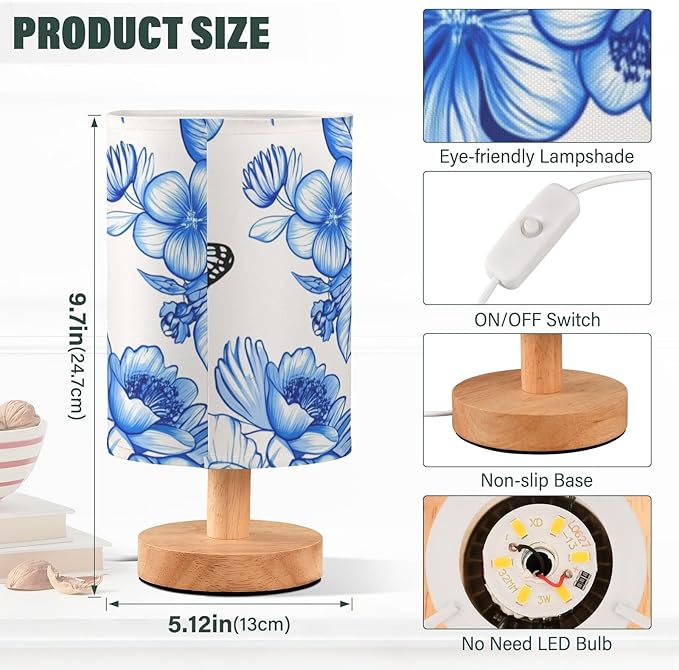 Blue Floral Butterfly LED Table Lamp, Bedside Lamp with Linen Lampshade, Flicker-Free Eye Care USB Plug in Nightstand Lamp, for Bedroom and Office