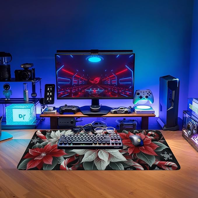 Christmas Flowers Extended Gaming Mouse Pad 31.5x11.8inches Large Desk Mat Anti-Slip Rubber Base & Durable Stitched Edges for Gamers Smooth Mouse Writing Surface for Desk Office/Home