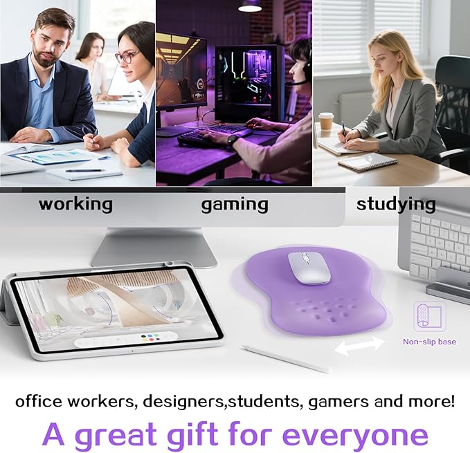 Ergonomic Wrist Rest with Mouse Pad, Mouse Pad with Comfortable Memory Foam Wrist Rest, Massage Design, Non-Slip Rubber Base, Made Easy Typing & Relieve Wrist Pain, Purple