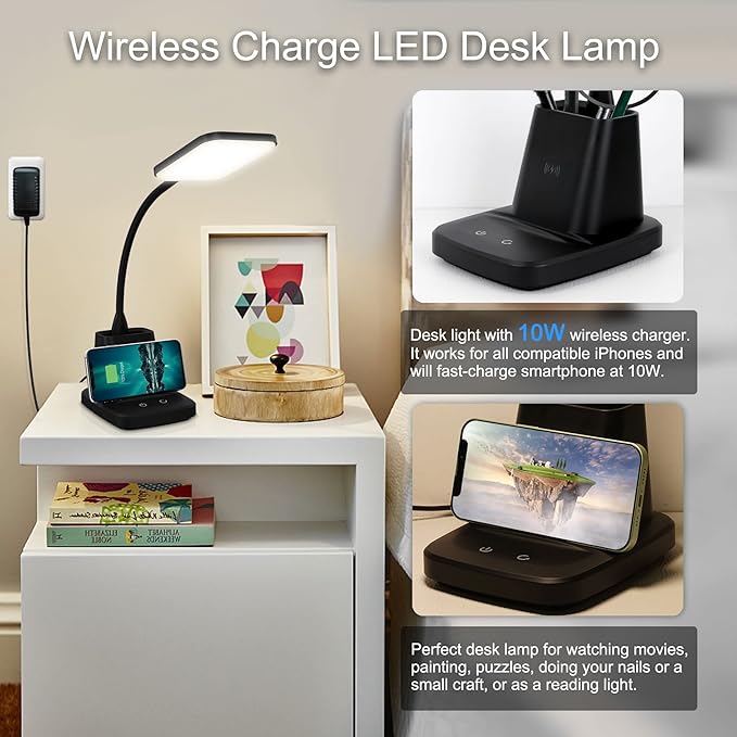 Sailstar Desk Lamp, LED Desk Lamps for Home Office, Wireless Charger Small Desk Lamp with Pen Holder, 3 Color Modes, Dimmable, CRI 85, 800LM, Study Lamps for College Dorm Room, Adapter Included, Black