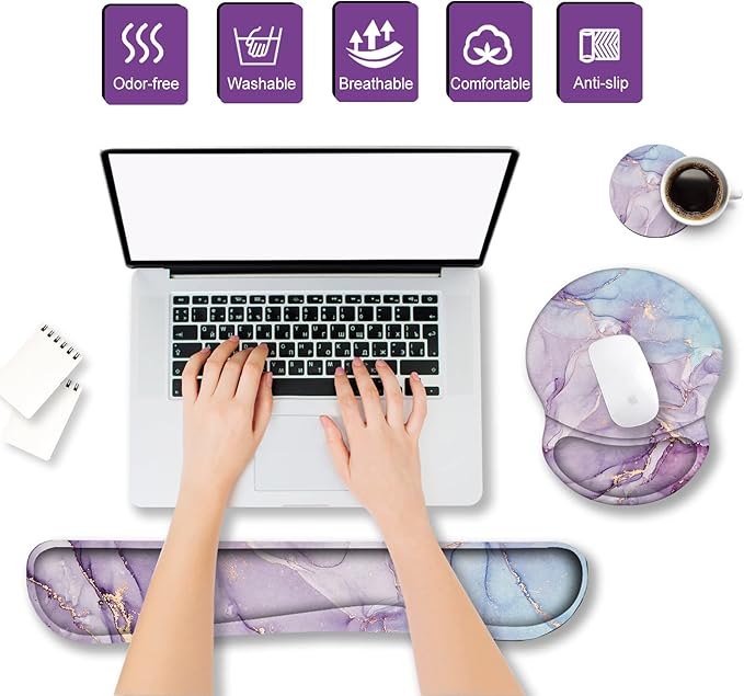 ArtSo Mouse Pad Keyboard Wrist Rest Support Ergonomic, Upgraded Cushion Mousepad Gel Memory Foam Non-Slip Rubber Base Wrist Support & Easy Typing for Home, Office, Purple Blue Marble