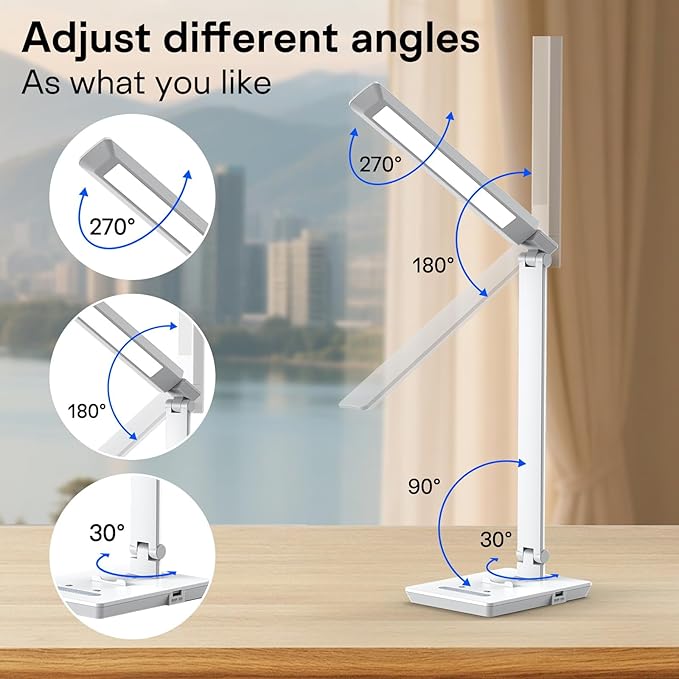 UK Plug Adapter Desk Lamp for 9 Level Brightness Touch Control & 5 Lighting Modes, 14W 900LM Dimmable Eye-Caring Reading LED Desk Light with USB Charging Port, Dimmable Home Office Desk Light