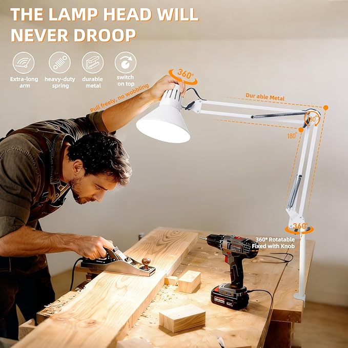 LED Desk Lamp With Clamp for Office Home, Eye-Caring Clip on Light with Adjustable Extra Tall Metal Swing Arm, High Intensity Clamp w/A19 E26 Bulb for Working Reading, 3000k Table Lamps Warm Light