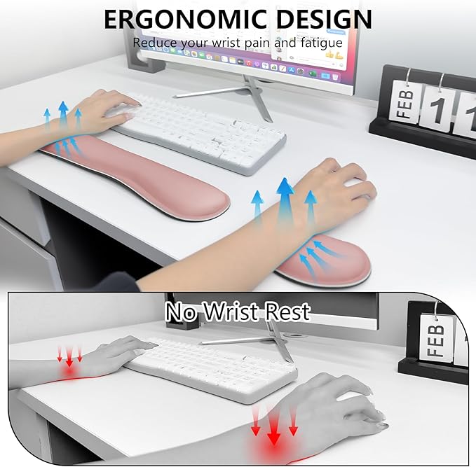 Wrist Rest for Computer Keyboard and Mouse, Ergonomic Design Wrist Support Pad for Keyboard, Soft Memory Foam Desk Pads Support Hand and Arm Easy Typing & Comfort, 2 Piece Pad, Pink