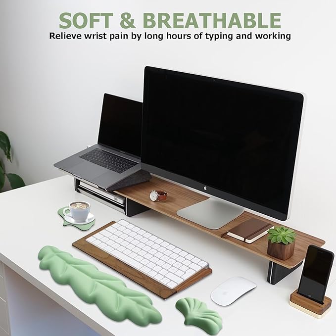 Ergonomic Keyboard Wrist Rest, Leaf Shape PU Leather Memory Foam Wrist Support for Computer Keyboard, Keyboard Pad and Cute Mouse Wrist Pad for Gaming,Office,Computer,Typing, Pastel Green