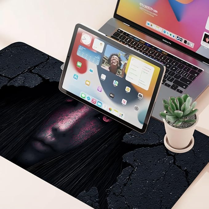 Desk Mat, XXL Extended Gaming Pad for Desktop, 31x12 Inches Horror Theme Figure Breaking Through Wall, Large Non-Slip Vegan Leather Surface with Stitched Edges, Keyboard Mouse Mat for Home Office