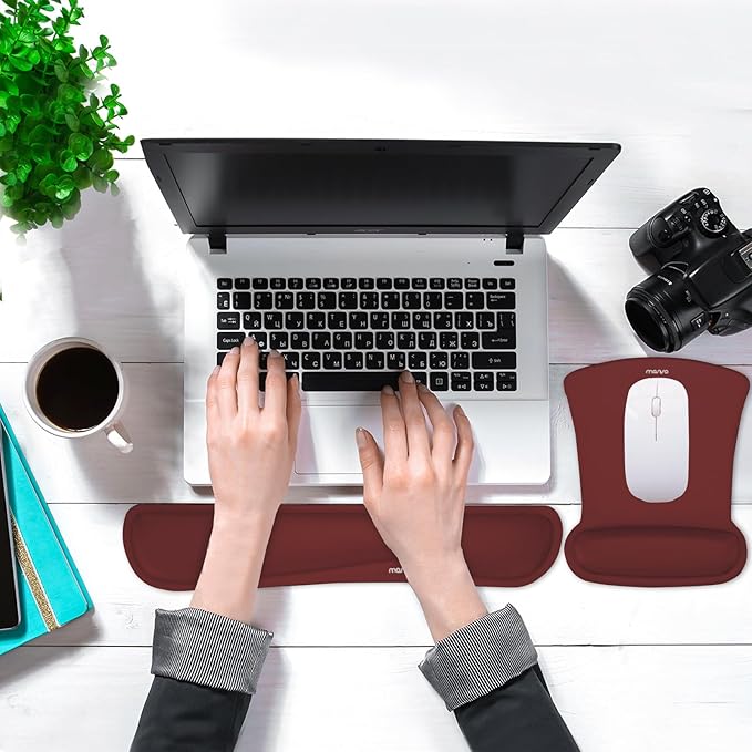 MOSISO Wrist Rest Support for Mouse Pad & Keyboard Set, Ergonomic Mousepad Non-Slip Base Home/Office Easy Typing Cushion with Neoprene Cloth & Raised Memory Foam, Wine Red