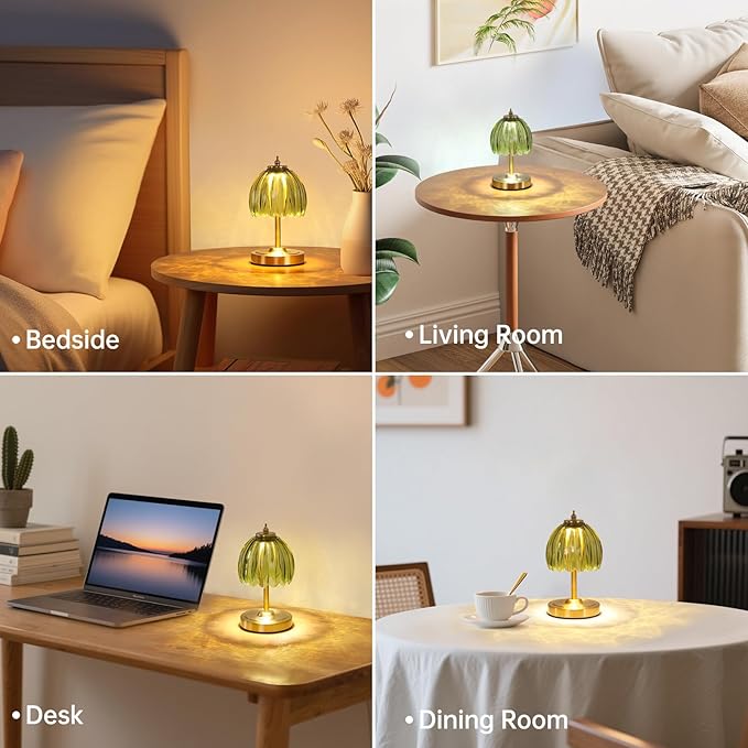 Set of 2 Tulip Table Lamp with 5200mAh Battery & Touch Control, Cordless Small Table Lamp with 3 Colors, Rechargeable Battery Operated Table Lamps for Nightstand, Bedroom (Green Tulip)
