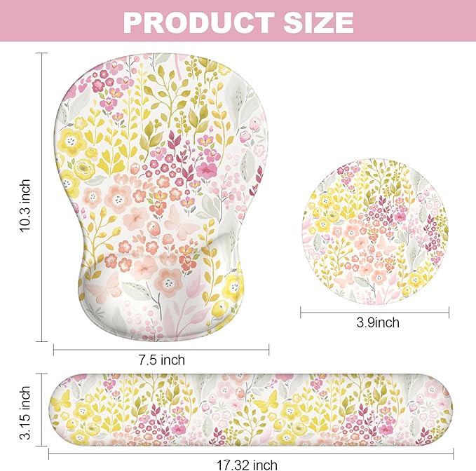 Ergonomic Mouse Pad with Wrist Rest and Keyboard Wrist Rest, Gel Mousepad and Wrist Rest for Computer Keyboard, Non-Slip PU Base, Mouse Pad Wrist Support for Gaming, Pink Yellow Flowers