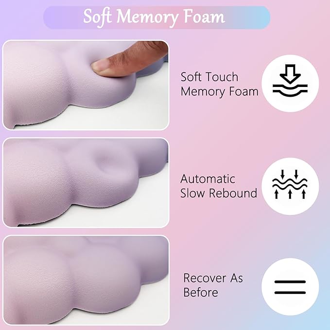 Cloud Mouse Pad Keyboard Wrist Rest for Mouse 4PCS Extended Large Desk Mat Pad Set Memory Foam Non-Slip Cute Ergonomic Gaming Mouse Wrist Support for Computer Home Office 35.4x15.7in Pink Purple Blue