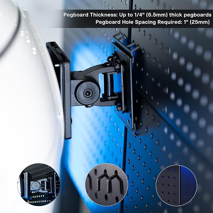 VIVO Articulating Ultrawide Monitor Pegboard Mount, Fits Screens up to 49 inches and Peg Boards up to 0.25 inches Thick with 1 inch Hole Spacing, Black, MOUNT-PB1U