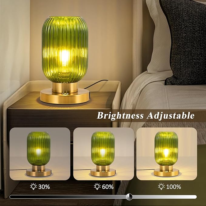 Glass Table Lamp for Living Room, Vintage Bedside Lamp for Bedroom, 3-Way Dimmable Touch Control Nightstand Lamp with USB C+A, Mid Century Modern Green Table Lamp (2700K LED Bulb Included)