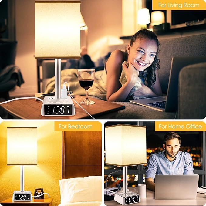 Yostyle Table Lamp Bedside Lamp with 4 USB Ports and AC Power Outlets, Alarm Clock Base w/ 5Ft Extension Cord, Square Oatmeal Fabric Lampshade Modern Accent Nightstand Lamps for Bedrooms Living Room
