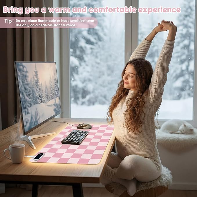 Konohan Heated Large Desk Mat PU Leather Cute Warm Mouse Pad with 5 Heating Level & 4 Hour Auto Shut-Off Heating Keyboard Pad Warmer Gaming Mice Mat Only Supports 110v(Pink Checkerboard, 31.5" X 13")